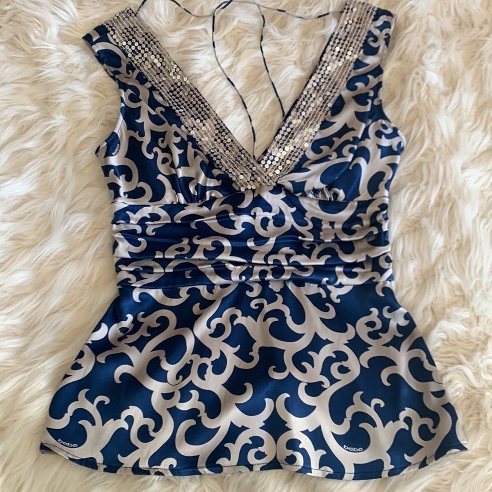 Vintage Y2K Bebe Blue Silver Sequin Silk V-Neck Blouse Tie Back Small
